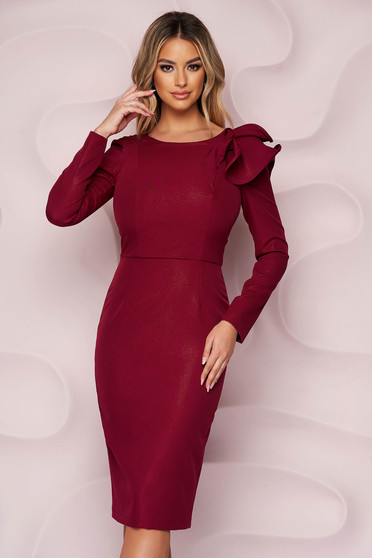 Dress StarShinerS burgundy slightly elastic fabric occasional pencil with ruffle details