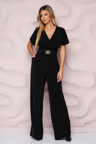 Elegant jumpsuits, StarShinerS black jumpsuit occasional loose fit lateral pockets nonelastic fabric soft fabric metallic buckle - StarShinerS.com