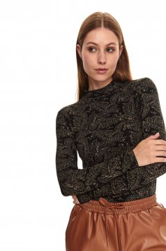 Black sweater tented with floral print from elastic fabric turtleneck