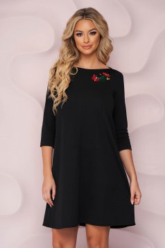 StarShinerS black dress office loose fit midi from elastic fabric front embroidery