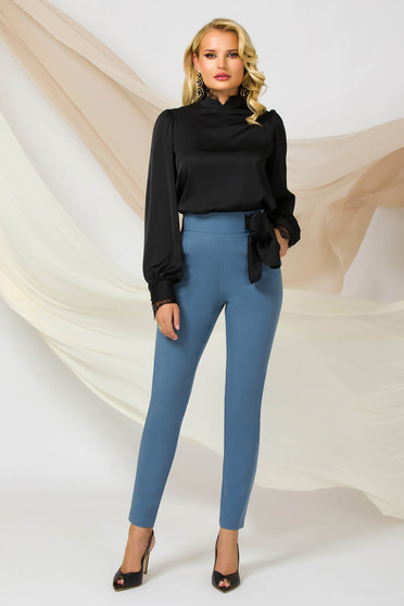 Trousers, Blue trousers conical high waisted office slightly elastic fabric satin ribbon fastening - StarShinerS.com