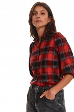 Red women`s shirt with straight cut soft fabric with 3/4 sleeves with chequers