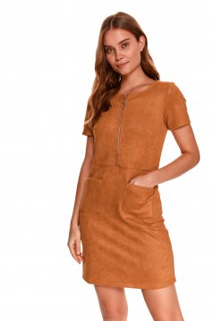 Lightbrown dress from suede pencil short cut with front pockets