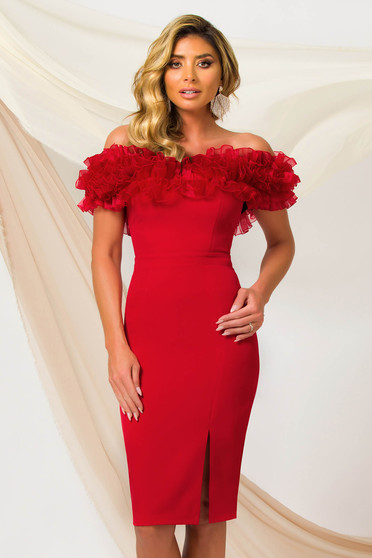 Plus Size Dresses, Red dress midi pencil slightly elastic fabric organza with ruffled sleeves - StarShinerS.com
