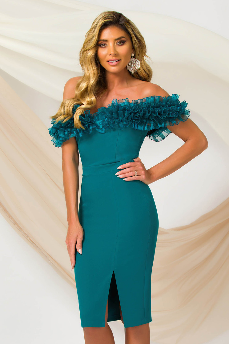 Thin material dresses, Turquoise dress midi pencil slightly elastic fabric organza with ruffled sleeves - StarShinerS.com