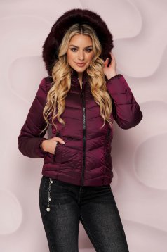 Burgundy jacket tented from slicker fur collar with inside lining detachable hood