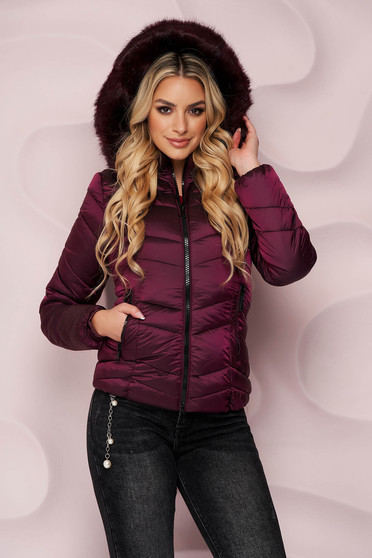 Coats & Jackets, Burgundy jacket tented from slicker fur collar with inside lining detachable hood - StarShinerS.com