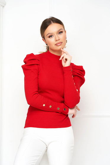 Pulovere casual, Bluza dama din bumbac rosie mulata din material reiat pe gat cu umeri bufanti - SunShine - StarShinerS.ro