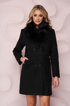 Black coat arched cut elegant with detachable faux fur insertions from wool