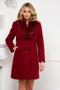 Burgundy coat arched cut elegant with detachable faux fur insertions from wool