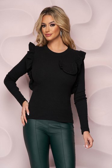 Black women`s blouse with tented cut a front pocket with ruffle details elastic cotton