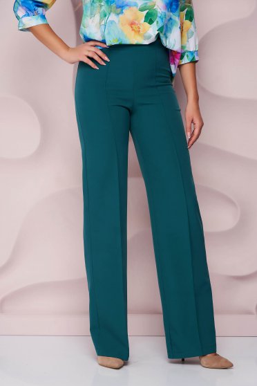 Pantaloni cu talie inalta, Pantaloni din stofa usor elastica verzi cu un croi evazat si talie inalta - StarShinerS - StarShinerS.ro