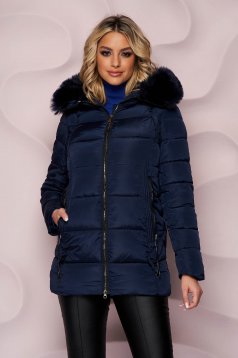 Darkblue jacket straight from slicker with detachable faux fur insertions