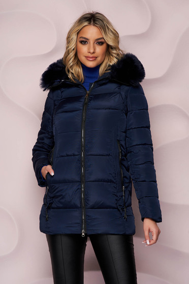 Coats & Jackets, Darkblue jacket straight from slicker with detachable faux fur insertions - StarShinerS.com