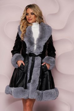 Grey jacket from ecological leather with faux fur details flaring cut