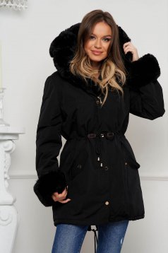 Black jacket from slicker with detachable faux fur insertions tented