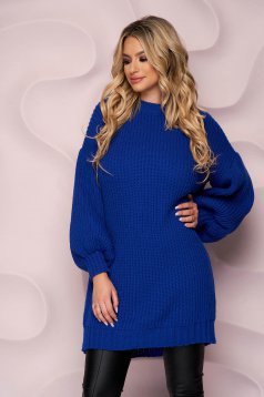 Blue sweater long loose fit knitted with puffed sleeves