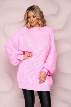Pink sweater long loose fit knitted with puffed sleeves