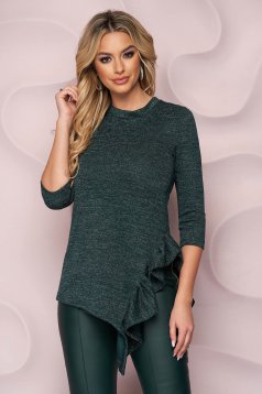 StarShinerS green casual asymmetrical loose fit women`s blouse knitted fabric with ruffle details