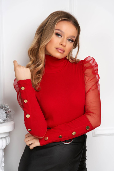 Red women`s blouse long sleeve knitted tented high collar from striped fabric from tulle