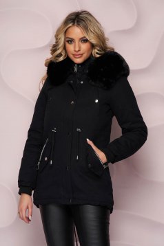 Black jacket cotton detachable hood straight