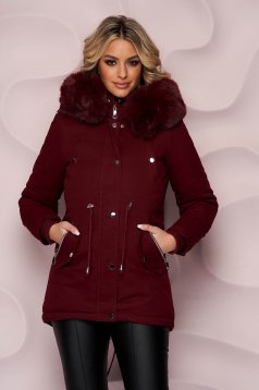 Burgundy jacket cotton detachable hood straight