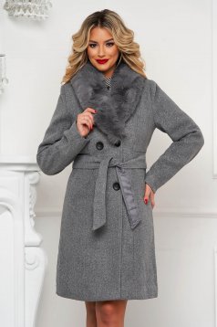 Palton din lana SunShine gri elegant cu blana ecologica detasabila