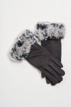 Darkgrey gloves from ecological leather with faux fur accessory