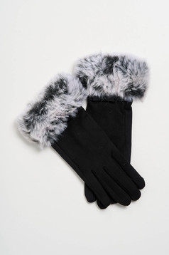 Black gloves from ecological leather with faux fur accessory