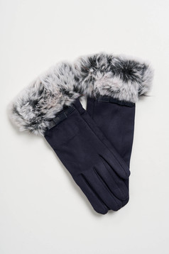 Darkblue gloves from ecological leather with faux fur accessory