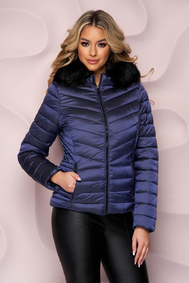 Blue jacket tented from slicker with furry hood