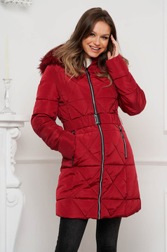 Burgundy jacket tented from slicker elastic belt detachable hood