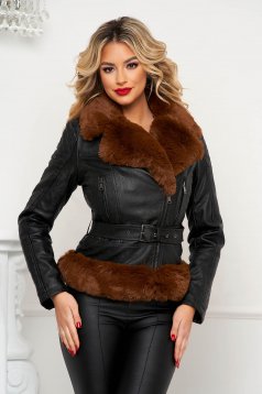 Black jacket tented elegant from ecological leather from ecological fur