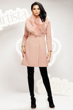Palton Artista roz prafuit elegant cambrat accesorizat cu blana ecologica