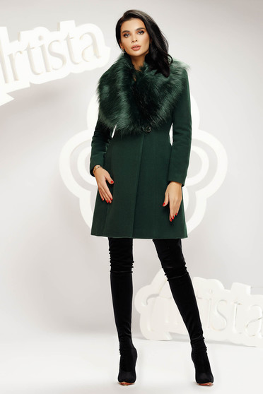 Paltoane dama online cambrate, marimea XL, Palton din stofa verde-inchis cambrat accesorizat cu blana ecologica - Artista - StarShinerS.ro