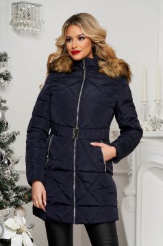 Darkblue jacket tented from slicker elastic belt detachable hood