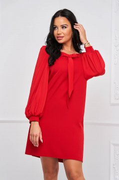 Dress red with puffed sleeves elastic cloth straight - StarShinerS