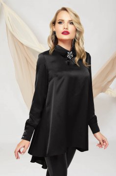 Black women`s blouse asymmetrical loose fit from satin accessorized with breastpin