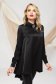 Black women`s blouse asymmetrical loose fit from satin accessorized with breastpin 1 - StarShinerS.com