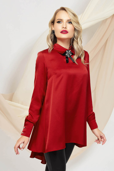 Office Blouses, Red women`s blouse asymmetrical loose fit from satin accessorized with breastpin - StarShinerS.com