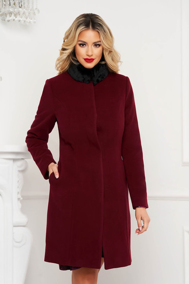 Coats, Burgundy coat tented fur collar cloth - StarShinerS.com