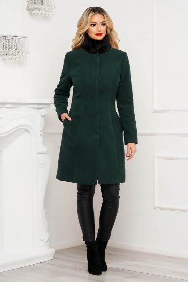 Paltoane Dama Elegante cambrat, marimea XL, Palton din stofa verde cambrat cu guler din blana - Artista - StarShinerS.ro