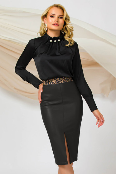 Blouses & Shirts, Black women`s blouse office from satin with pearls pleats of material - StarShinerS.com