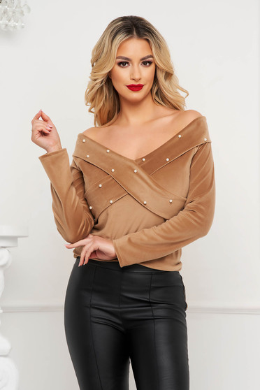 Elegant Blouses, Cappuccino women`s blouse velvet with pearls elegant - StarShinerS.com