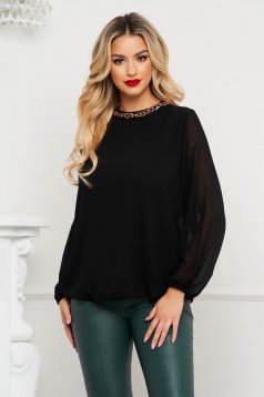 Black women`s blouse from veil fabric loose fit metallic chain accessory