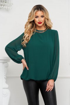 Darkgreen women`s blouse from veil fabric loose fit metallic chain accessory