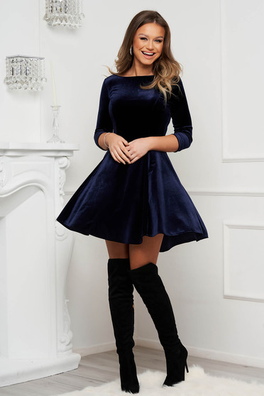 StarShinerS darkblue dress asymmetrical short cut cloche velvet with 3/4 sleeves