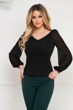 StarShinerS black women`s blouse with tented cut with v-neckline transparent sleeves elegant