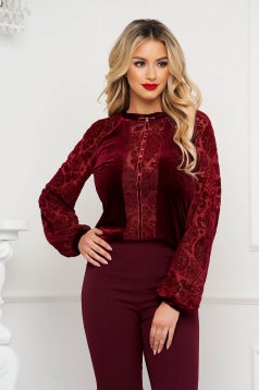StarShinerS burgundy elegant velvet women`s blouse with tented cut laced