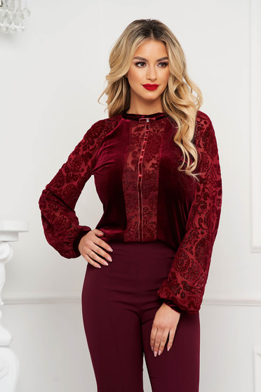 Elegant Blouses, StarShinerS burgundy elegant velvet women`s blouse with tented cut laced - StarShinerS.com